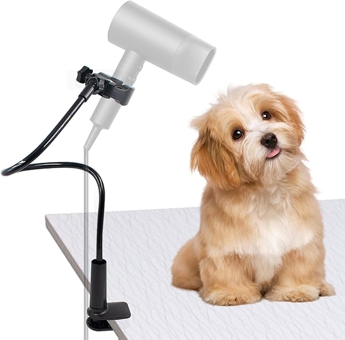 Dog Hair Dryer Holder, Black Alloy Adjustable Lazy Hair Dryer Hands Free Stand with 360° Rotatable Clamp for Pet Dog Cat Grooming
