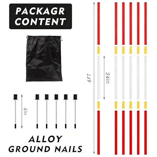 6 Pcs 6 FT Pole Bending Poles for Horses, Portable Speed&Agility Training Equipment Set with Ground Nail and Bag for Horses, Dogs, Soccer, Basketball, Football