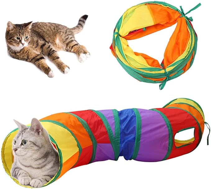 Andiker Cat Tunnel, S-Shape Cat Tube Collapsible Kitten Play Toy with 2 Side Holes for Kitten Exercising Hiding Training and Running Cats Toy for Indoor Cats(Multi-Colored)