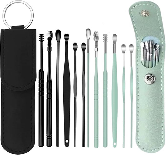 12 Pcs Ear Pick Earwax Removal Kit, Ear Cleaning Tool, Stainless Steel Earwax Removal Tool with Leather Storage Box (Black&Green)