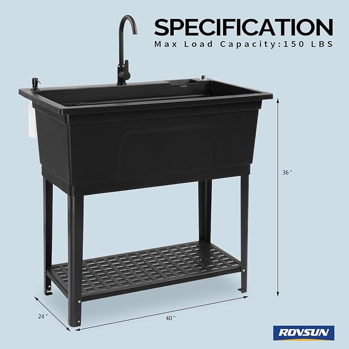 ROVSUN 37-Gallon Freestanding Utility Sink with Faucet, 36" Heightened Basin for Laundry, Garage, Outdoor Garden, Pet Wash, Heavy Duty Plastic Laundry Tub with Storage Shelf, 40"L×24"W×36"H, Black