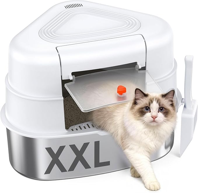 Chumajor XXL Stainless Steel Corner Cat Litter Box with Lid - Sturdy, No Odor & Space-Saving Hidden Design for Large Cats, White