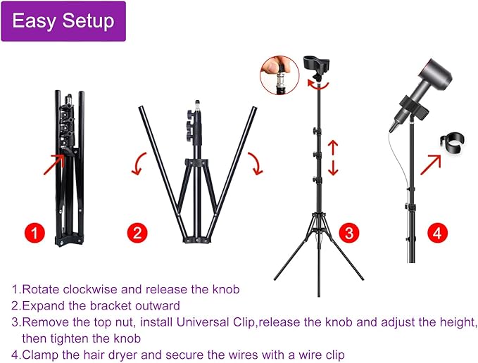 Purple River Hair Dryer Stand 20" to 63" Adjustable Blow Dryer Holder with Tripod and Universal Clip, Easy to Use, Hands Free Relieve Wrist Pain, Shoulder Periarthritis etc (Black)