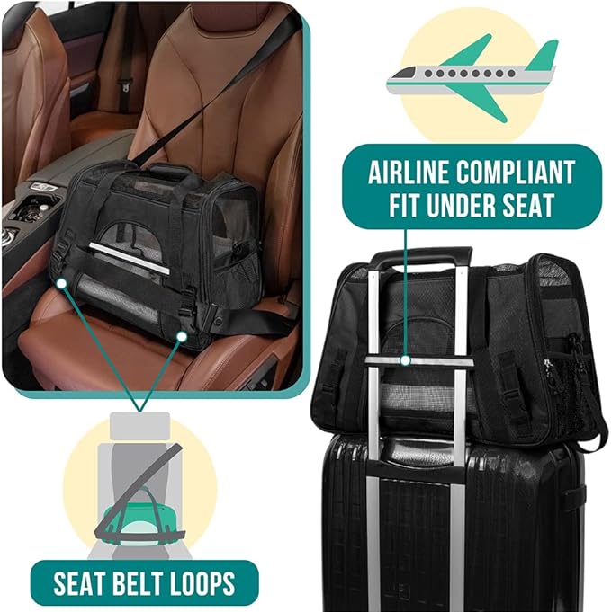 PetAmi Airline Approved Pet Carrier for Cats & Small Dogs, Soft Sided TSA Travel Carrier Bag with Sherpa Bed, Breathable Mesh Ventilation, Collapsible Bowl, Fits Under Seat, Up to 18 lbs, Large Black