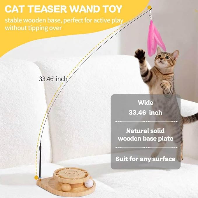 Interactive Cat Toy for Indoor Cats - Cat Wand & Track Ball, 15 Replacement Heads, 2 Wooden Balls & 1 Bell Ball, Anti-Slip Base, Easy Assembly Cat Teaser for Kittens & Adult Cats