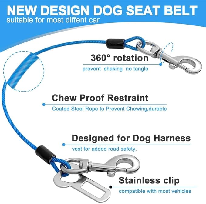 Dog Seat Belt Harness for Car,2pcs Dog Seatbelt of Coated Wire Leash Safety Restraint,No Chew Tether Cable Vehicle Dogs Accessories,Double Clips & Latch (Blue, 32 inch/80 CM)