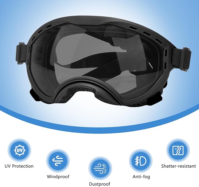 Dog Goggles for Medium to Large Breeds, UV Protection Dog Sunglasses with PC Lens, Soft TPU Frame and Adjustable Straps, Windproof Dustproof Anti-Fog Pet Eyewear for Outdoor Activities (Black Frame)