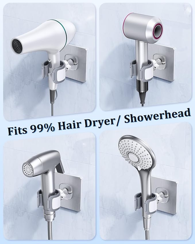 Universal Hair Dryer Holder Wall Mounted, Ultra-Secure Hair Dryer Hanger with Adhesive & Screw Mounting, Angle-Adjustable Blow Dryer Holder for Vanity, Bathroom, Salon-Fixed Type(1 Pack)