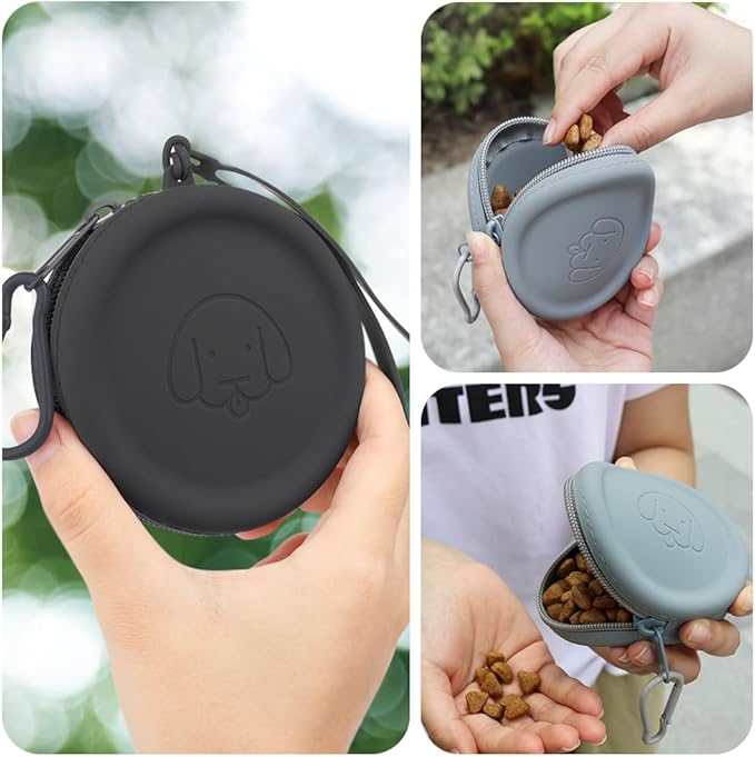 WALLFID Silicone Dog Treat Pouch Small Bag,with Pet Training Clicker,Walking Bag for Dog and Cat, Pocket Size, Easy to Clean, Odorless, Zipper Design,Moisture-Proof,Travel Walking Bag.(Dark Gray)