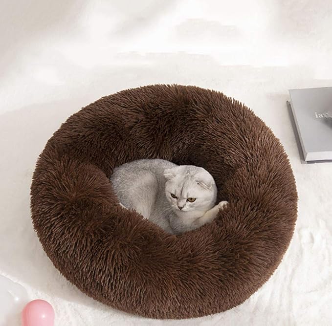 Modern Soft Plush Round Pet Bed for Cats or Small Dogs, Mini Medium Sized Dog Cat Bed Self Warming Autumn Winter Indoor Snooze Sleeping Cozy Kitty Teddy Kennel (20'' D x 8'' H, Chocolate)