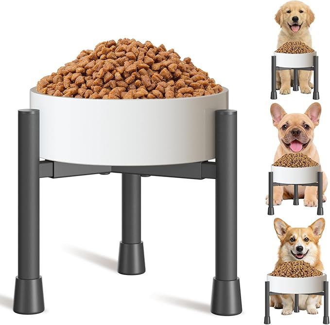 Oppro Single Elevated Dog Bowl Stand for Small Medium Breed, Adjustable Width 6-10in, 10in Tall Non-Slip Metal Raised Puppy Food Feeder Water Holder, Fits Various Size Ceramic Stainless Steel Pet Bowl