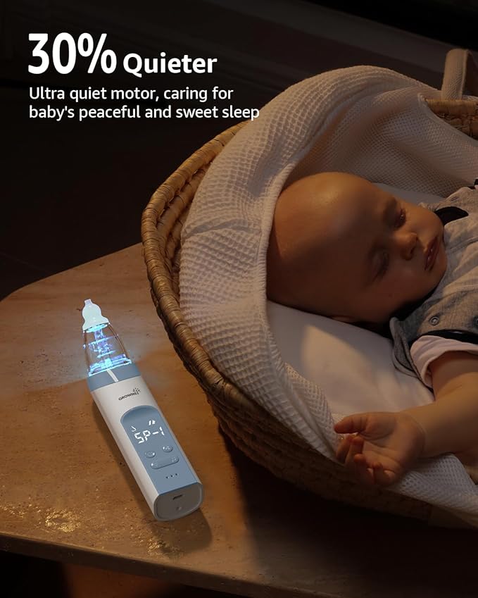 GROWNSY Nasal Aspirator for Baby, Electric Nose Aspirator for Toddler, Baby Nose Sucker, Automatic Nose Cleaner with 3 Silicone Tips, Adjustable Suction Level, Music and Light Soothing Function, Blue