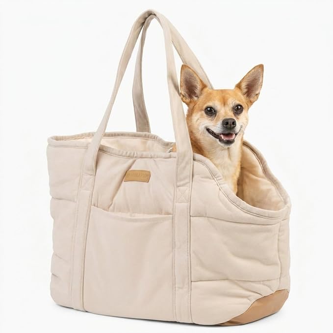 Plush Dog Purse Carrier for Small Dogs, Soft Dog Tote Bag with Safety Harness Clip, Cozy Pet Carrier for Dogs Under 15 lbs, Comfortable Dog Shoulder Carrier for Travel, White