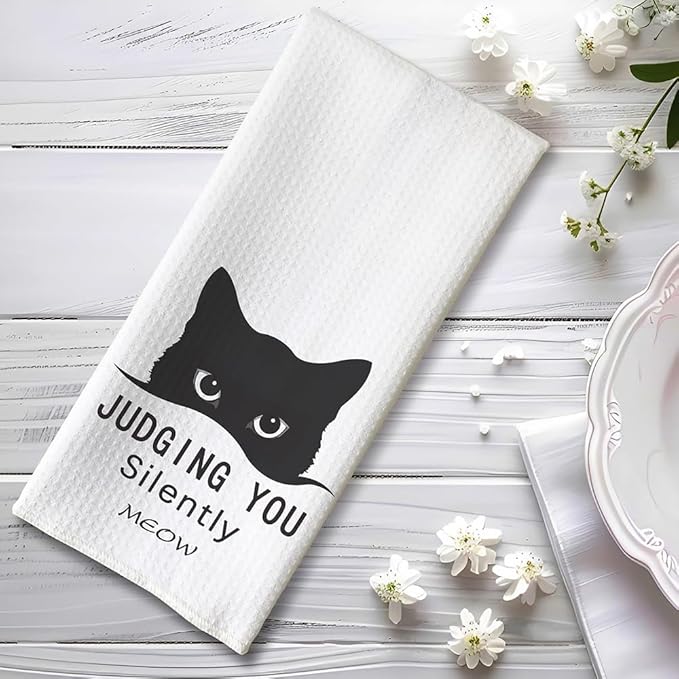 Silent Judgement Cat Kitchen Towels - Quick-Dry Whimsical Observer Feline Art Hand Cloth, Decorative Dish Towel with Observing Pet Design for Cat Ladies & Pet Moms | Amusing Home Accent & Novelty Gift