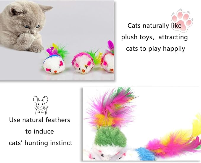 Cat Mouse Toy - 15 Pack Furry Rattle Mouse Toys for Cats with Feather Tail, Realistic Plush Kitten Toys with Catnip & Rustling Sound, Interactive Cat Toys for Indoor Cats