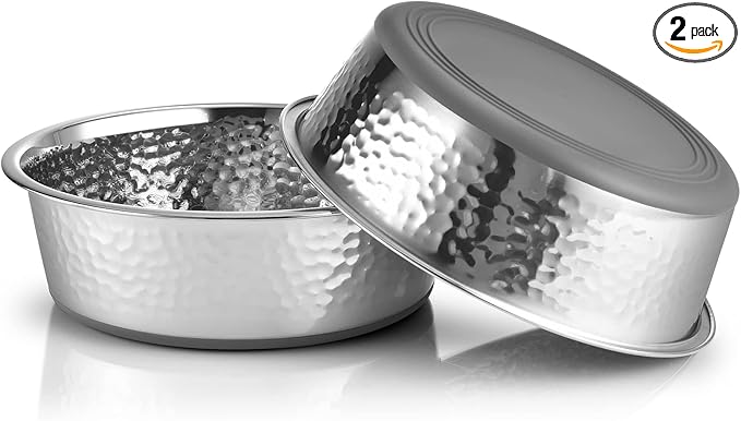 URBUDDIES 2 Pack Hammered Stainless Steel Dog Bowls, Premium Metal Dog Bowls with Non Slip Rubber Bottom, Dishwasher Safe, Easy to Clean, 8 Cup, Gray Bottom