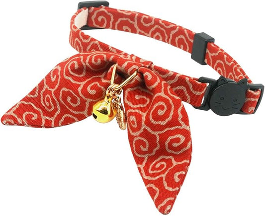Bunny Ears Cat Collar, Japan Lucky ‘開三運’ Charm. Safety Breakaway Bowtie Kitten Collar with Bell, Red