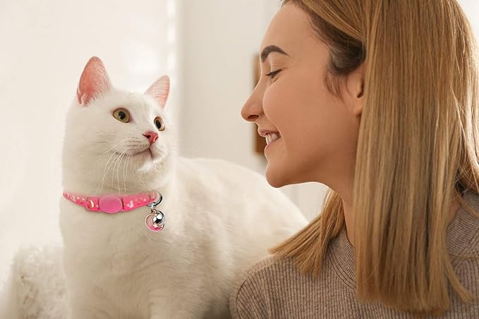Baeuppit 2PCS Breakaway Cat Collars with Bell Cute Kitty Glow in The Dark Adjustable Kitten Collars 7.9-13.0 Inch(Purple&Pink)