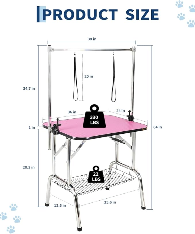Garvee Foldable Dog Grooming Table 36-Inch, Adjustable Height Arm, Non-Slip Pink Surface, Removable Mesh Tray, 330 Lbs Capacity, Portable Pet Bathing & Trimming Station for Small & Large Cats/Dogs