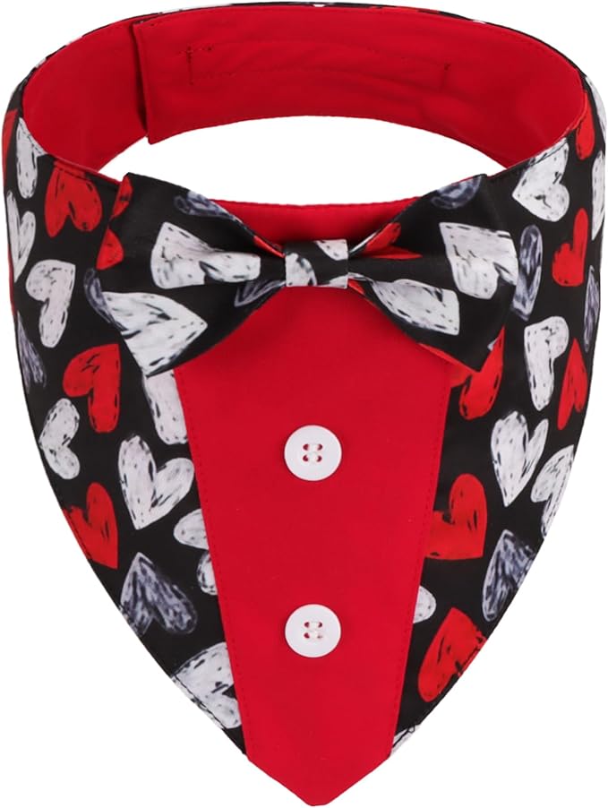 ADOGGYGO Valentine Dog Tuxedo, Red Black Heart Pet Bowtie Collar, Adjustable Valentine Bandana for Extra Large Dogs (XL)