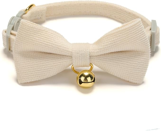 2 Pack Soft Corduroy Cat Collars with Bow Tie & Bell, Adjustable Breakaway Cotton Kitty Bowtie Collar for Female Male Cats(White & Grass Green)
