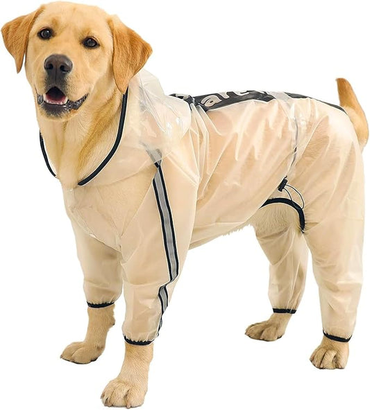 Olsa Dog Raincoat, Dog Hooded Slicker Poncho, 4 Legs Rain Jacket with Reflective Stripe, Transparent Water Proof Resistant Rain Snow Clothes for Small Medium Large