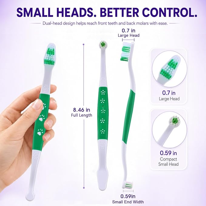 Dog Toothbrush – Newly Upgraded Dual-Head Design with 60° Wavy Bristles – Gently Surrounds Teeth for Deep Cleaning and Plaque Removal – Non-Slip Handle, Ideal for Daily Pet Dental Care (Green, 2-Pack)