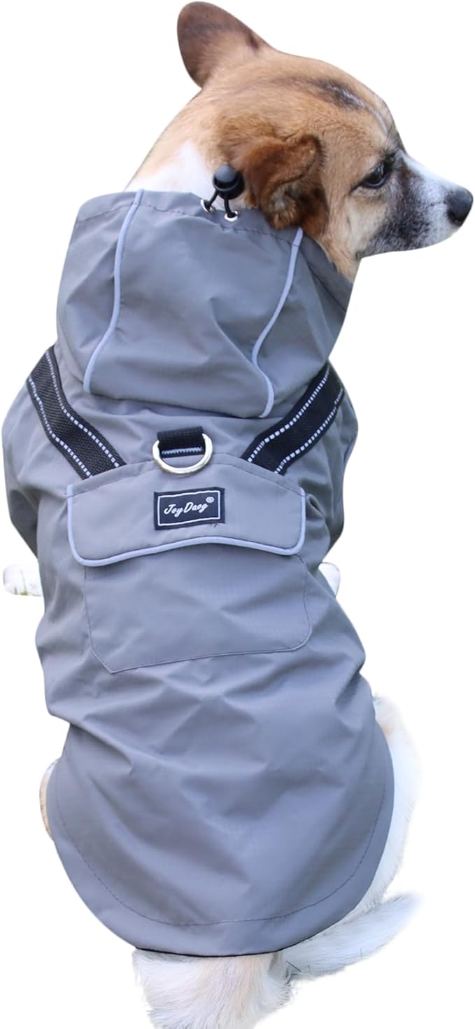 JoyDaog Premium Dog Raincoat with Hood for Medium Dogs,Outdoor Sports Waterproof Doggie Rain Jacket,Puppy Raincoat with Pockets,Grey L