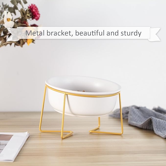 White Large Ceramic Tilted Elevated Cat Dog Bowl Raised Cat Food Water Bowl Dish Pet Comfort Feeding Bowls with Gold Iron Stand