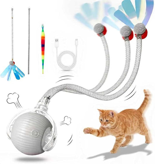 Rechargeable Smart Rolling Cat Ball, Automatic Interactive Cat Toy with 3 Modes, LED Light & 3 Replaceable Accessories, Indoor Cat Exercise Toy for Kittens & Adult Cats, for Boredom Relief Light gray