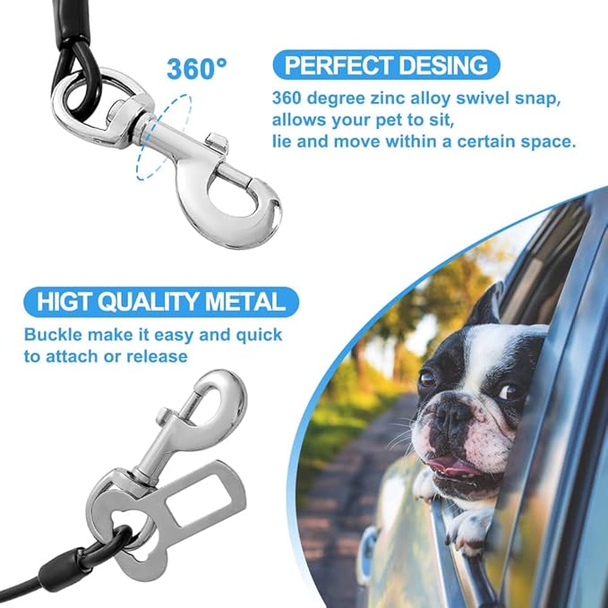 Dog Seat Belt Harness for Car,2pcs Dog Seatbelt of Coated Wire Leash Safety Restraint,No Chew Tether Cable Vehicle Dogs Accessories,Double Clips & Latch (Black, 16 inch/40 CM)