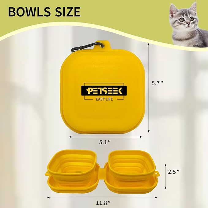 Travel Twin Pet Bowls for Cats or Dogs, Collapsible Silicone Bowls for Food and Water Feeding, Portable Hiking Cat Bowl