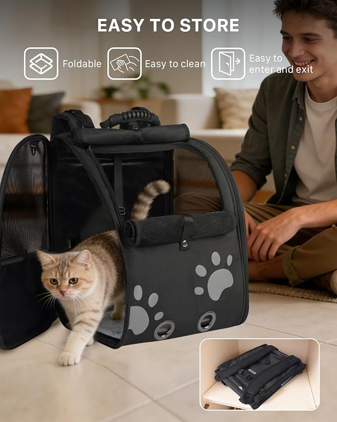 Cat Backpack Carrier with Comfort Handle, Ventilated Cat Backpack with Reflective Strips, with Chest and Shoulder Buckles, Foldable Cat Carrying Backpack for Kitty Small Dog up to 15lbs(Black).