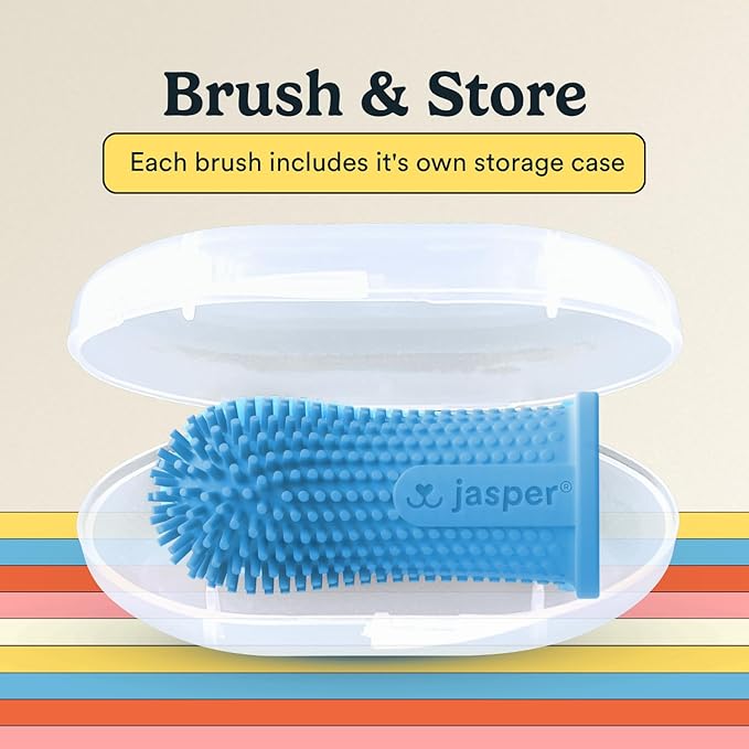 Jasper Dog Toothbrush, 360 Degree Dog Tooth Brushing Kit, Cat Toothbrush, Canine Dental Care & Teeth Cleaning Kit, Pet Finger Tooth Brush, Use with Pet Toothpaste, 4-Pack Blue