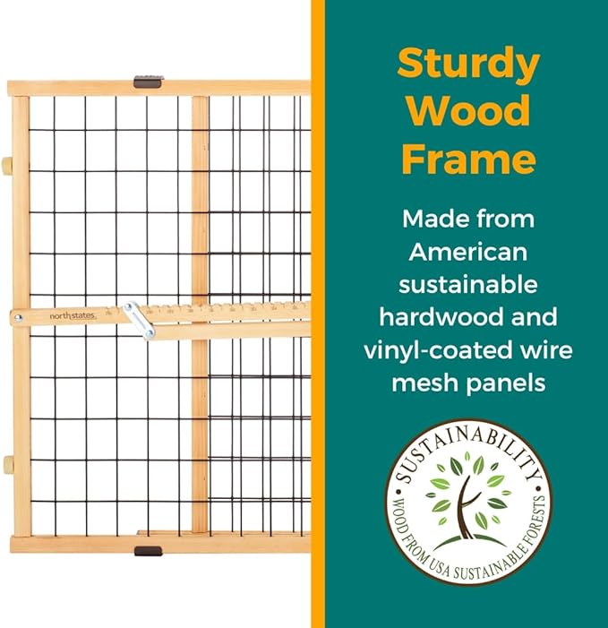 MYPET Wire Mesh Dog Gate: 26.5"-42" Wide Pressure Mounted with No Tools; Expandable, Durable Pet Gates for Doors and Hallways, 23" Tall, Made with Sustainable Hardwood