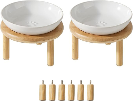 Havniva Elevated Cat Bowls Raised Ceramic Cat Bowl, 5.9” Wide Opening Cat Food Bowl Whisker Friendly Cat Dish Anti-Slip with Bamboo Stand, Shallow Pet Food & Water Bowl for Indoor Cats