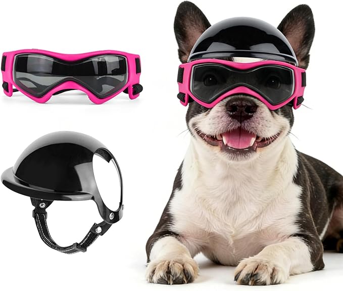 LESYPET Dog Helmet and Goggles for Medium Breed, Pet Motorcycle Helmet with Ear Holes, UV Protection Dog Sunglasses for Outdoor Activities/Riding/Walking
