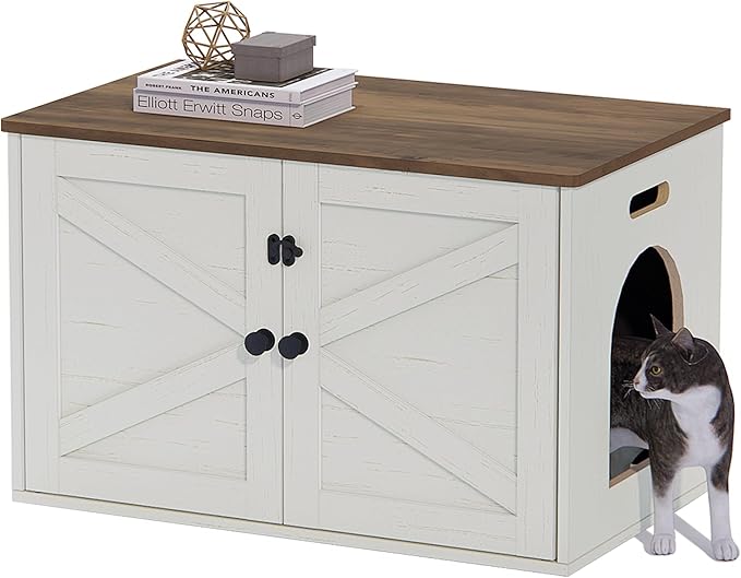 Timberer Cat Litter Box Enclosure, Litter Box Furniture Hidden with Removable Divider, Wooden Cat Washroom Furniture, Indoor Cat House, Rustic Brown and White