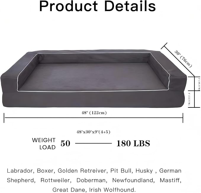 Orthopedic Dog Bed Large - 5" Solid Memory Foam Pet Bed for Arthritis Relief & Hip Dysplasia - Bolster Style with YKK Zippered Waterproof Washable Cover & Bottom for Senior Dogs 60-120lbs