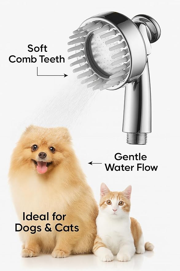 StoneStream Handheld Shower Head with Soft Comb for Foaming and Pampering Pets | High Pressure Showerhead with 3 Sprayer Setting, Built-in Bristles for a soothing grooming Routine for Dogs, Cats