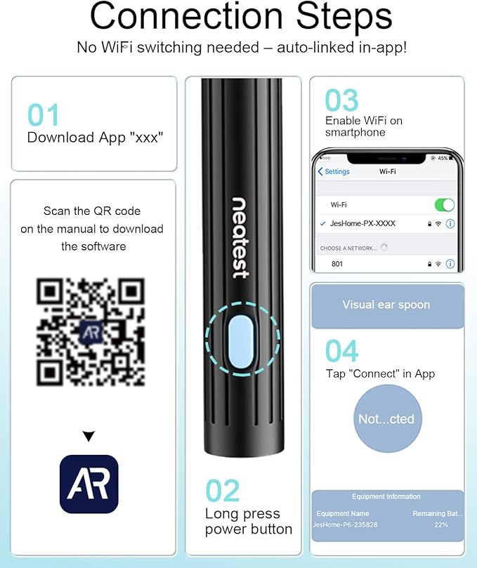 NEATEST Ear Wax Removal Tool with Camera, 1296P HD Wireless Otoscope, 6 LED Lights, IP67 Waterproof, Rechargeable 8 Pcs Ear Cleaning Kit for iOS & Android (Black)