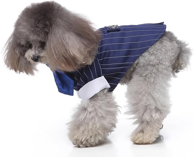 GabeFish Pets Wedding Jackets Suit for Dogs with Bow Tie Puppy Cat Formal Clothes Shirt Tuxedo (BlueStriped, M (Chest 15.3in/39cm)