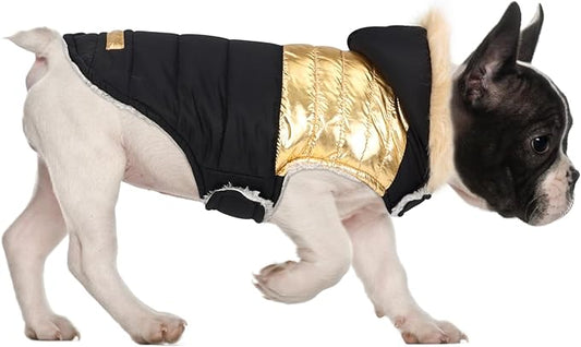 HDE Dog Puffer Jacket Fleece Lined Warm Dog Parka Winter Coat with Harness Hole 90s Black and Gold Metallic - M