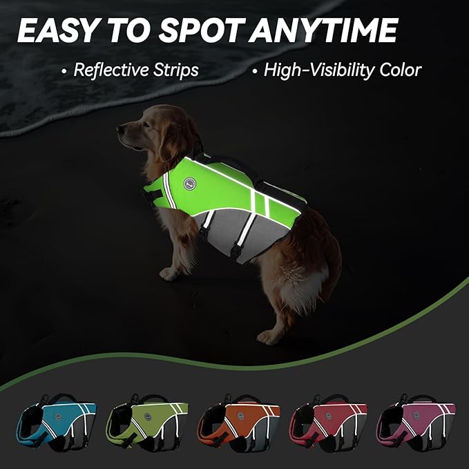 VIVAGLORY Sports Style Dog Life Vest, Dog Life Jacket for Swimming & Boating, Ripstop & Buoyancy for Puppy Doggy, Lifejacket with Handle, XL, Bright Green