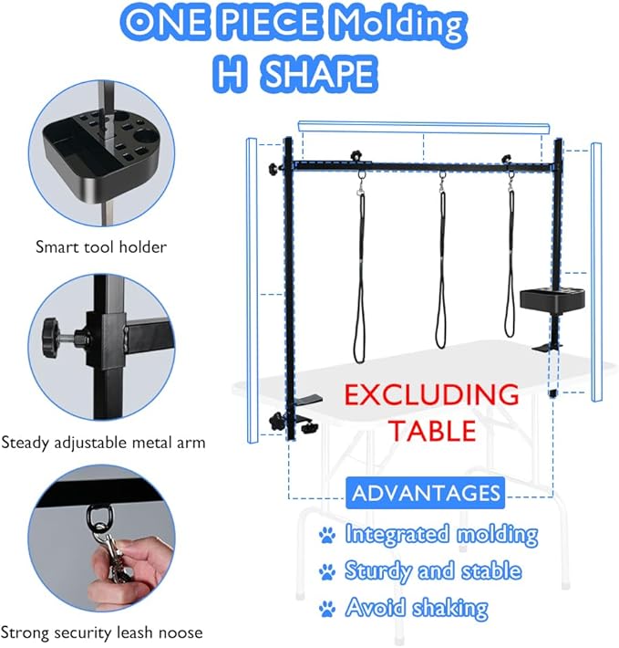 LEIBOU H-Shape Pet Grooming Table Arm with Grooming Hammock Tool Holder Noose and Clamp for Dogs and Cats Heavy Duty Aluminum Alloy Frame with 35.4” Adjustable Height and 36.2” ~ 50” Adjustable Width