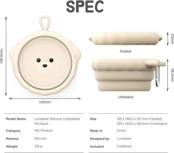 Silicone Collapsible Dog Bowl for Travel,Premium Food-Grade Silicone, Portable Water Bowl for Dogs Cats, Foldable Food Water Bowl, Walking, Carabiner, BPA Free, Dishwasher Safe (Ivory)