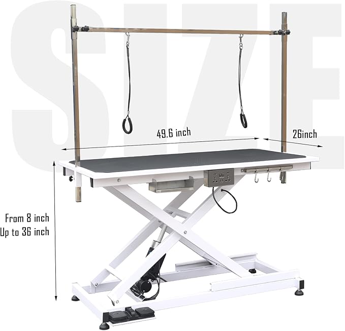 49.6” Professional Pet Grooming Table, Modern Style, Adjustable Height, Sturdy & Stable, Up to 330LBS, White, Alloy Steel