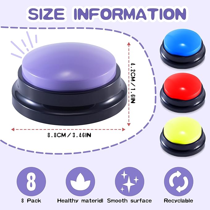 8 Pcs Voice Recording Button,Recordable Pet Training Buzzer Answer,Buzzers Button Game Show for Communication,Buzzers Funny Gift for Study Family Home and Office Using Trivia Nights