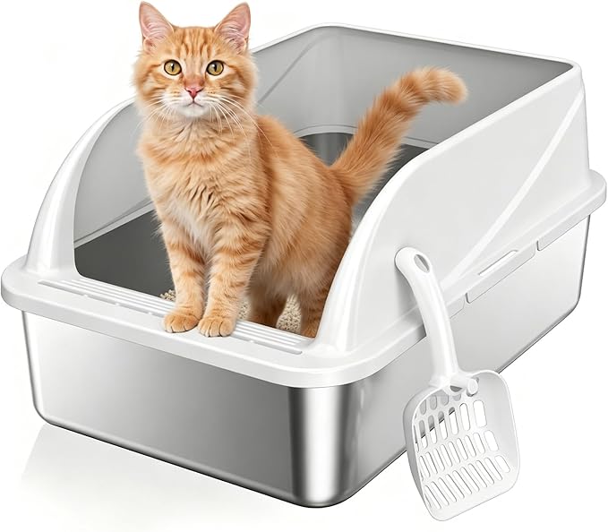 Stainless Steel High Sides Cat Litter Box with Scoop, Open Top Litter Pan for Indoor Cats, Easy to Clean, Reduced Litter Scatter, Medium