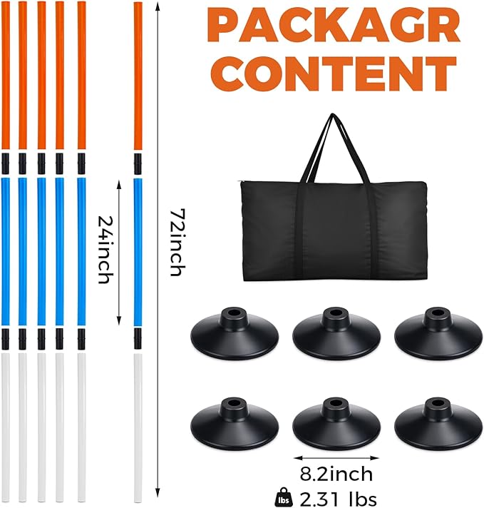 6 Pcs 6FT Pole Bending Poles for Horses,3-Section Adjustable Training Equipment 3 Color High Visibility Agility Poles with Rubber Bases & Carry Bag for Horse Football Dog Pet Training